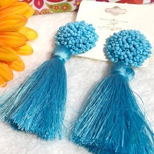 New! Large Aqua Boho Earrings Fluffy Post Tassels
